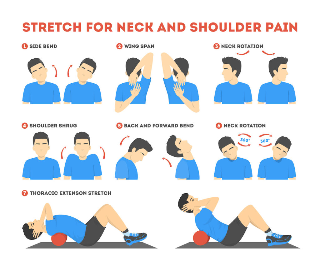 Neck and shoulder exercise. Stretch to relieve neck pain for office health problems